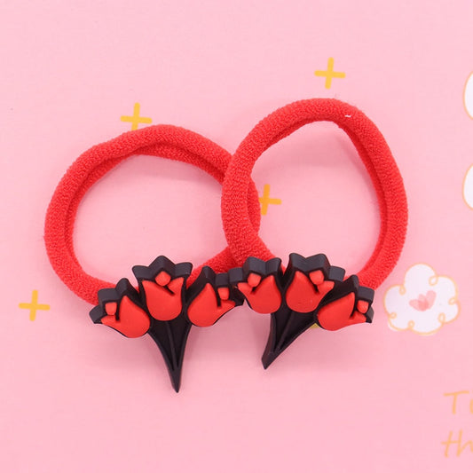 2Pcs Red Flowers Kids Rubber Bands Ponytail Holder Headband Hair Rope Ties Gift