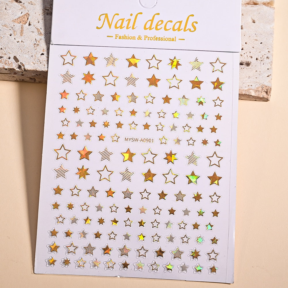 Gold Holographic Striped Star Nails Stickers Adhesive DIY Nail Art Decals Nail