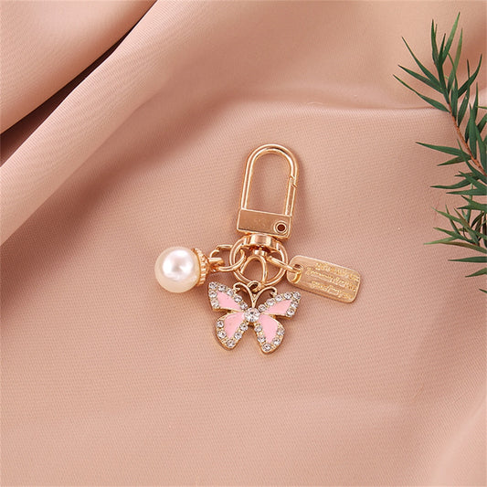 2 Colors Rhinestone Butterfly Keychain Cute Pearl Metal Tag Keyring For Women