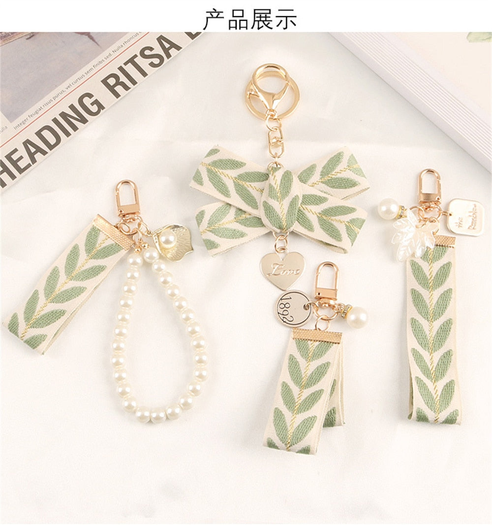 4 Styles Fresh Leaf Stripe Key Ring  Embroidery Alloy Pearl Pendant Heart Charm