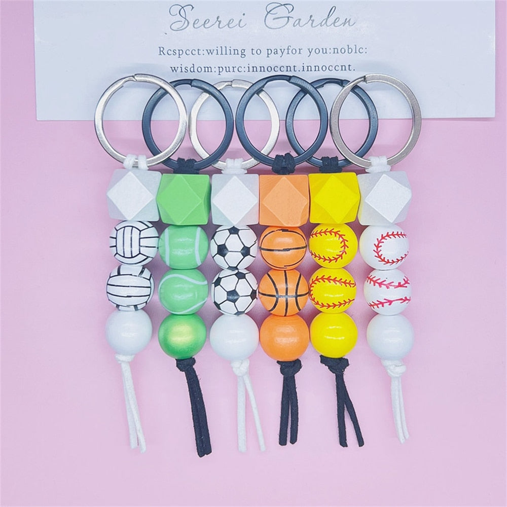 6 Styles PVC Beaded Keychain Basketball Soccer Tennis Keyring For Women Men Bag