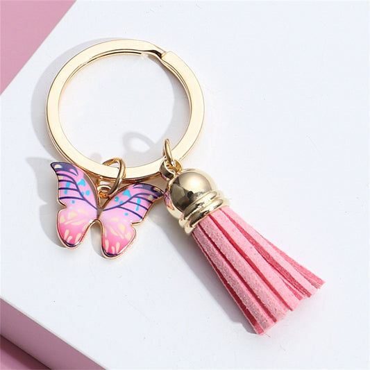 Pink Tassel Dripping Oil Butterfly Charms Keychain Tassel Girl Fashion Key Rings