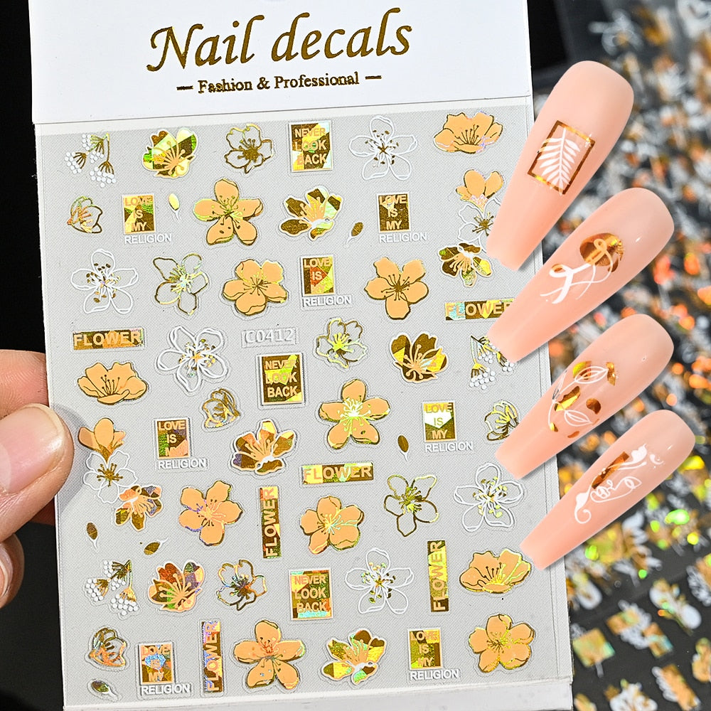 Gold Flowers Love Nails Stickers Adhesive DIY Nail Art Decals Nail Accessories