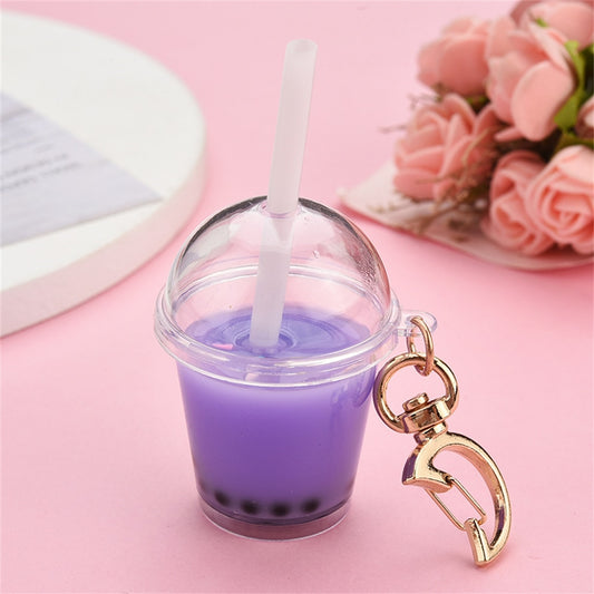 Purple Milk Bubble Tea Keychains Simulation Milk Tea Cup Pendant With Moon