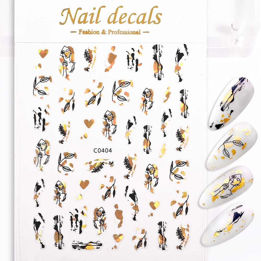 Girl Heart Plant Leaf Gold Nails Stickers Adhesive DIY Nail Art Decals Nail