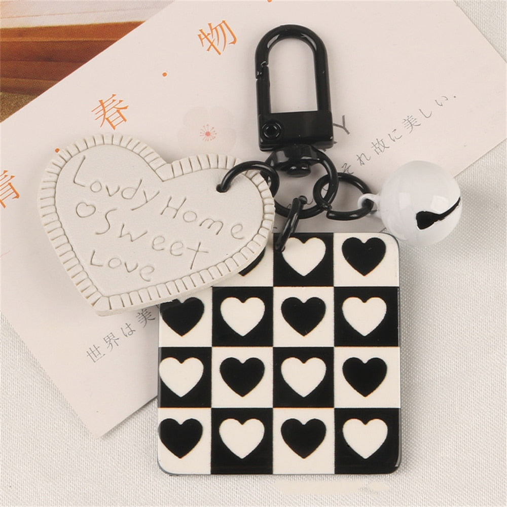 Hearts Decor Creative Acrylic Keychain Black White Plaid Keyring With Pearl