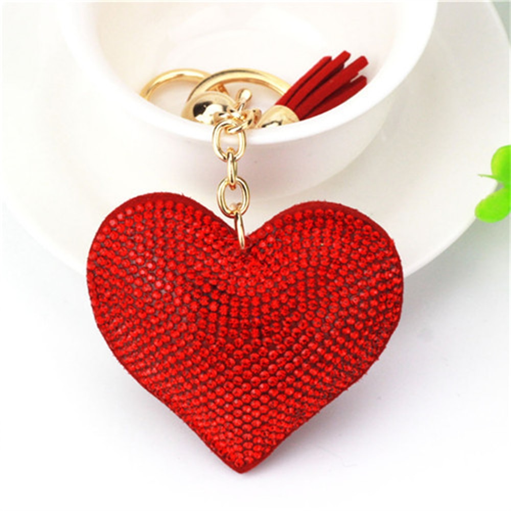 Red Heart Full Rhinestone Keychain PU Leather Tassel Keyring for Women Car Key