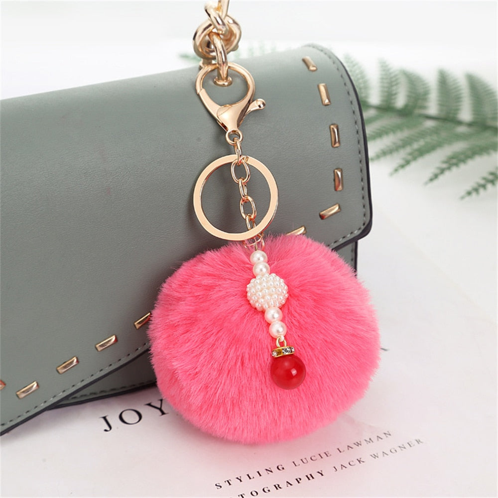 Pink Plush Red Bead Charms Keychain Women Bag Ornaments Cartoon Keyring Backpack