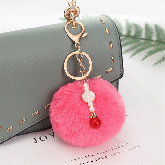 Pink Plush Red Bead Charms Keychain Women Bag Ornaments Cartoon Keyring Backpack