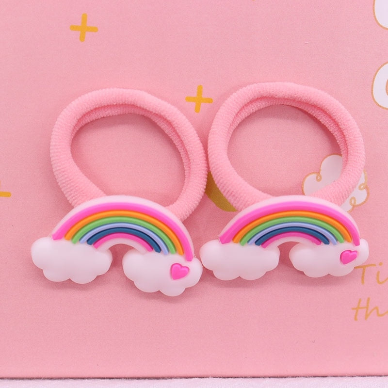 2Pcs Rainbow Kids Rubber Bands Pink Ponytail Holder Headband Hair Rope Ties Gift