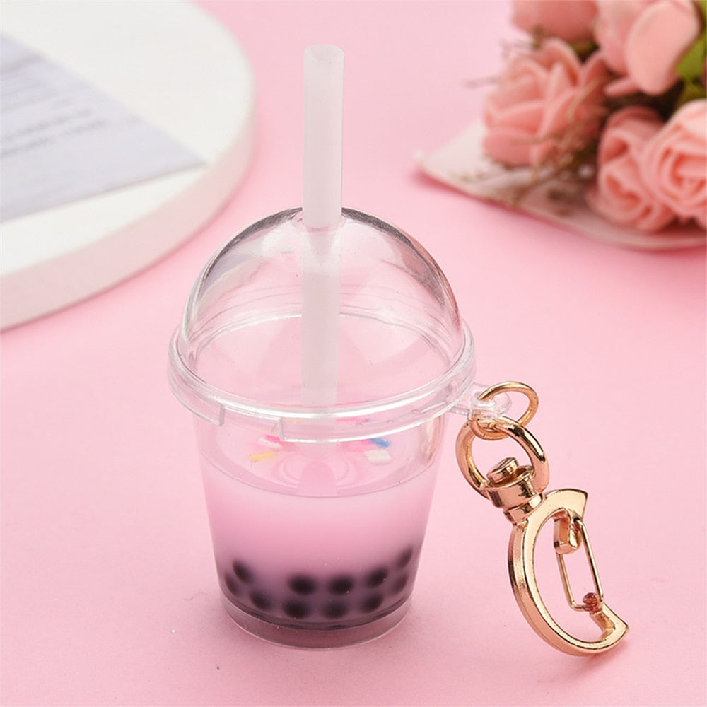 Cute Pink Milk Bubble Tea Keychains Simulation Milk Tea Cup Pendant With Moon