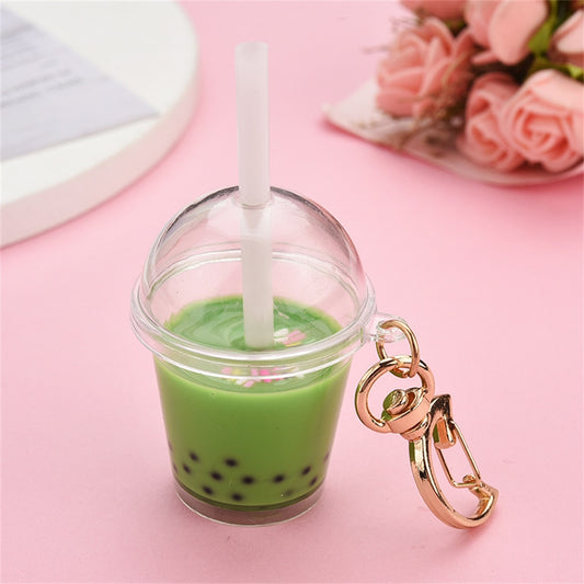 Green Milk Bubble Tea Keychains Simulation Milk Tea Cup Pendant With Moon