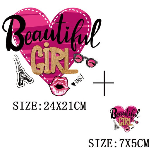 Pink Heart Beautiful Girl Thermal Sticker Letter Patches Clothing DIY Iron-On