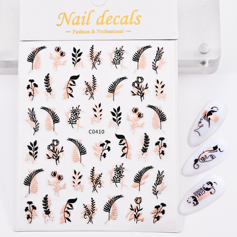 Plants and Flower Rose Gold Color Nails Stickers Adhesive DIY Nail Art Decals