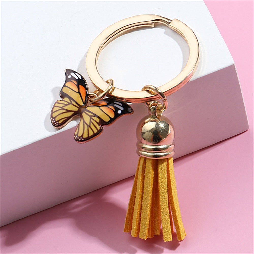 6 Styles Dripping Oil Butterfly Charms Keychain Tassel Girl Fashion Key Rings
