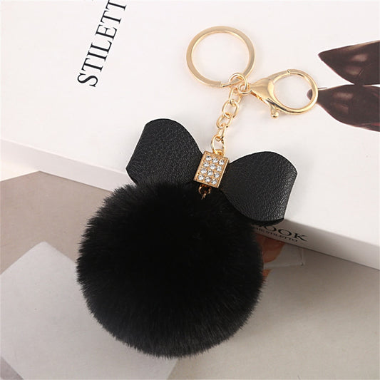 Black Pompom Pendant Keychain Cute PU Bow Tie Keyring Plush Women Bags Ornaments