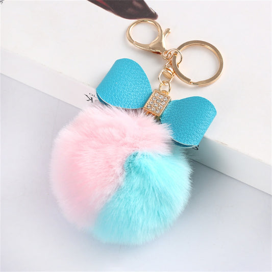 Pink Blue Pompom Pendant Keychain Cute PU Bow Tie Keyring Plush Women Bags