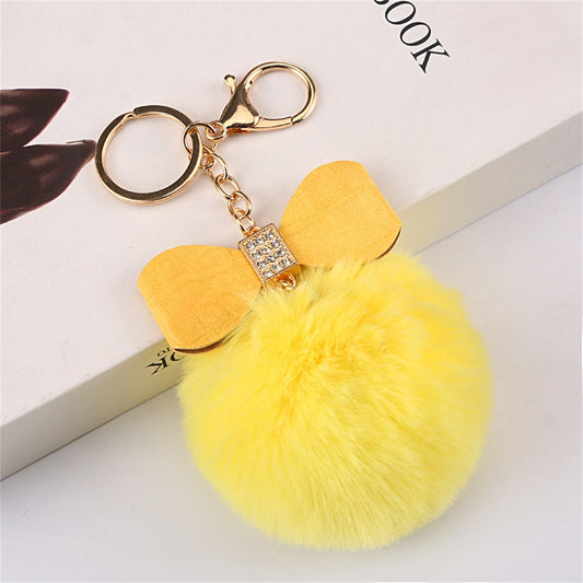 Yellow Pompom Pendant Keychain Cute PU Bow Tie Keyring Plush Women Bags