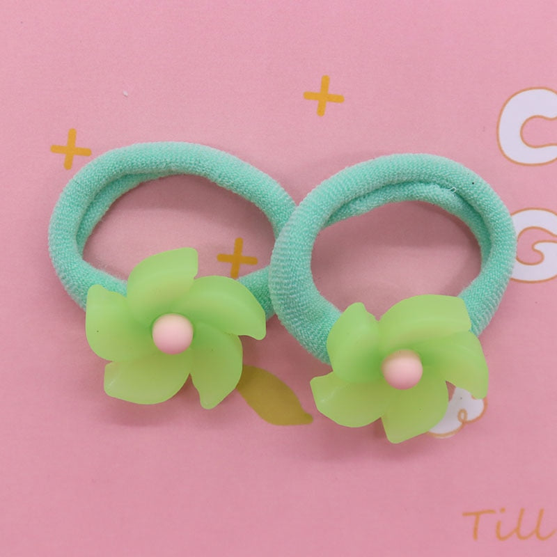 2Pcs Green Flower Cute Rubber Band Hairbands Creative Scrunchies Kids Elastic