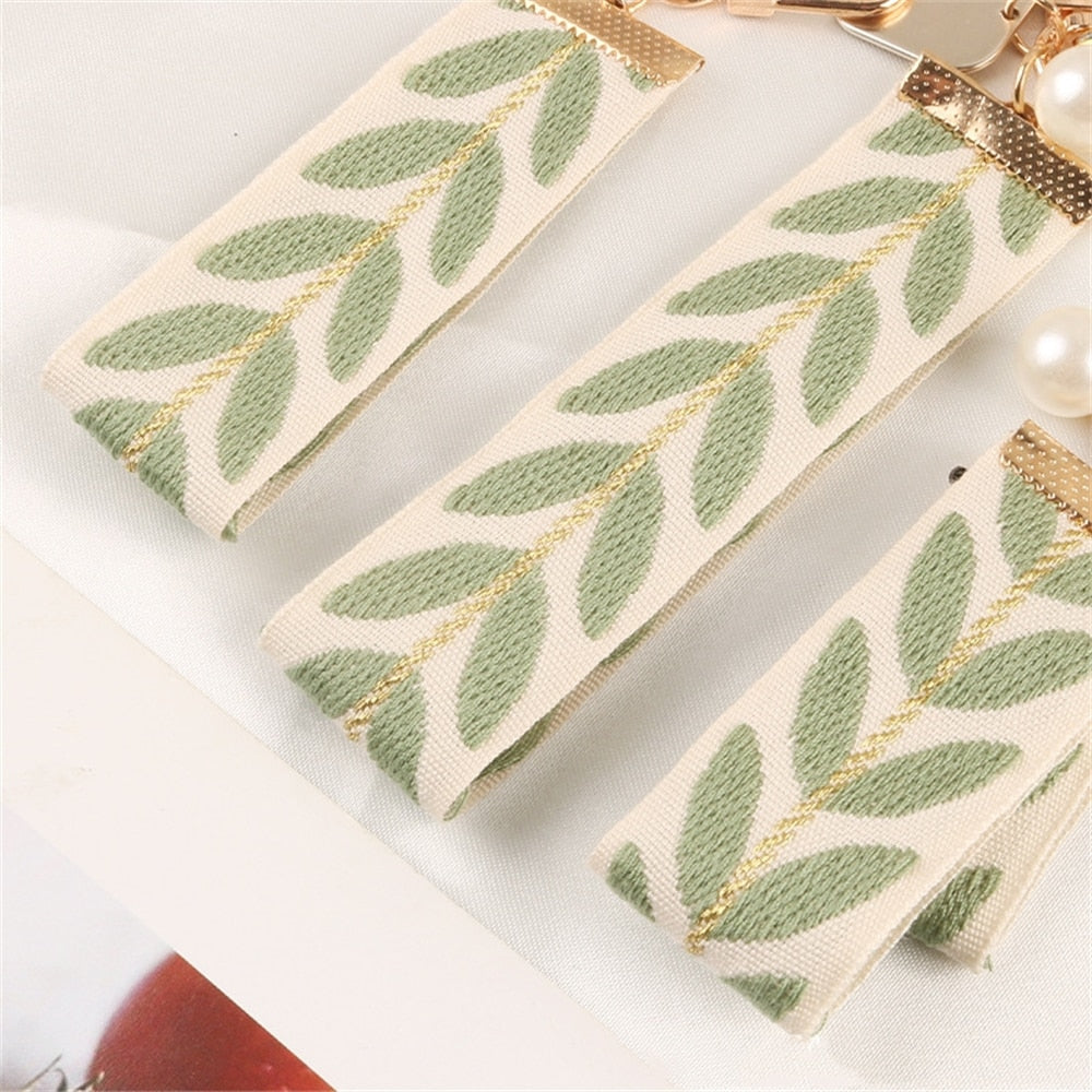 4 Styles Fresh Leaf Stripe Key Ring  Embroidery Alloy Pearl Pendant Heart Charm
