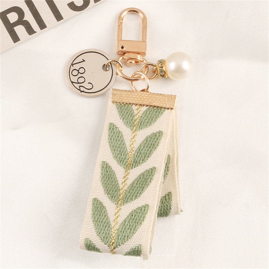 Green Fresh Leaf Stripe Key Ring  Embroidery Alloy Pearl Pendant Heart Charm