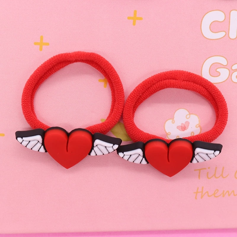 2Pcs Red Heart WIth Wings Kids Rubber Bands Ponytail Holder Headband Hair Rope