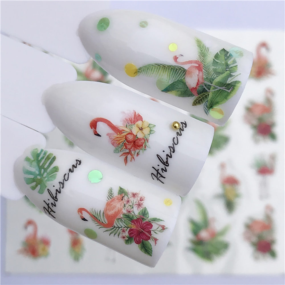 Hibiscus Flower and Pink Flamingo Nail Sticker Summer Nail Design Decorations