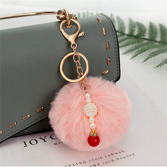 Light Pink Plush Charms Keychain Women Bag Ornaments Cartoon Keyring Backpack