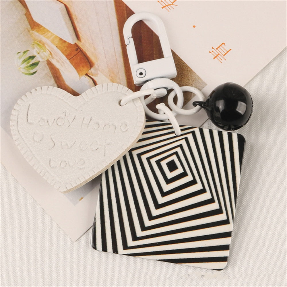 6 Styles Creative Acrylic Keychain Black White Plaid Keyring With Pearl Small