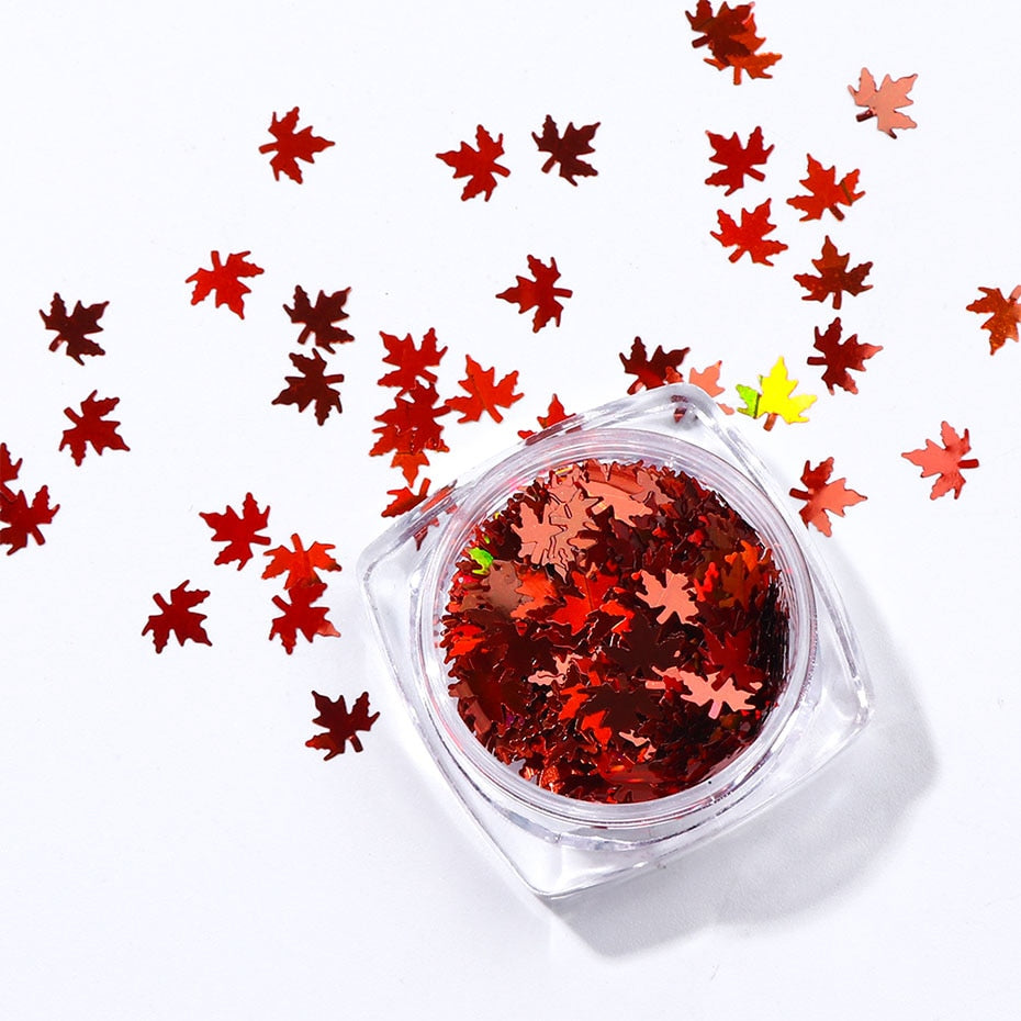 Holographic Dark Red Maple Leaves Nail Glitter Decoration Nail Art Decor DIY