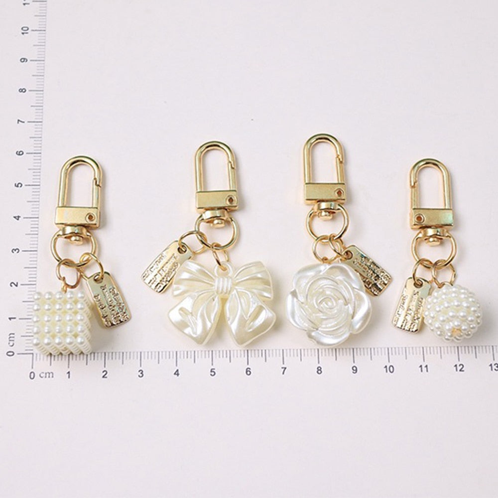 4 Styles White Rose Bowknot Keychain for Women Girls Car Key Holder Pearl Tassel