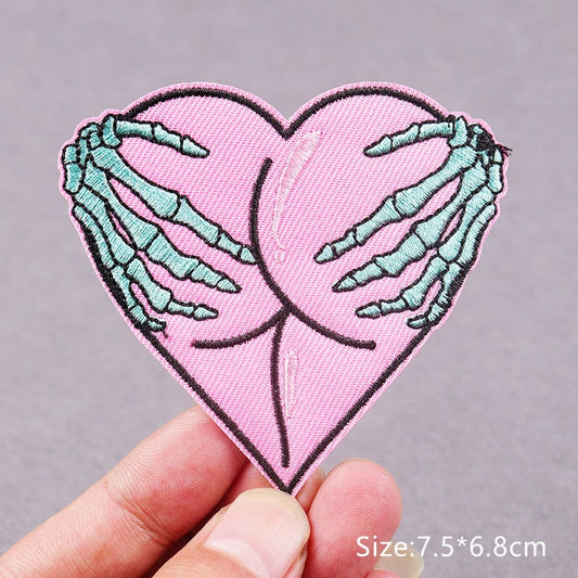 Skeleton Hands Heart Embroidery Patch Iron On Patches Clothing Thermo-Adhesive