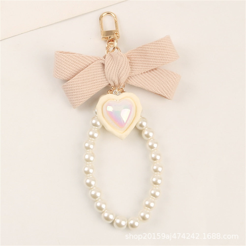 Beige Fabric Bow Keychain With Pearl Resin Heart Key Ring Charms For Women Bag