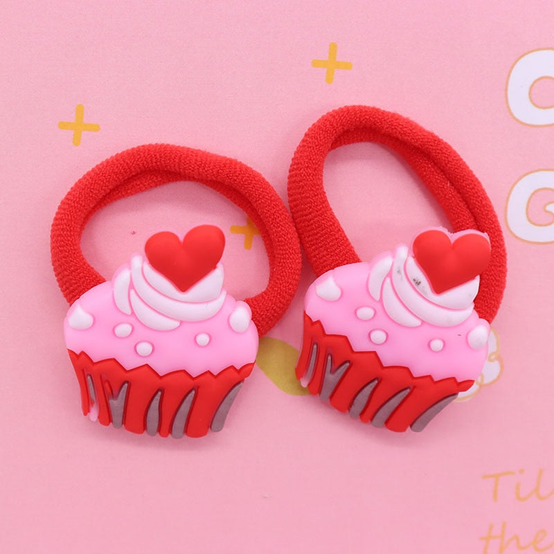 2Pcs Cupcake With Heart Kids Rubber Bands Ponytail Holder Headband Hair Rope