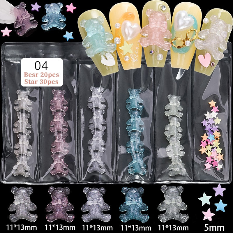 24 Styles 3D Aurora Bear Butterfly Nail Art Accessories Resin Flat Back White