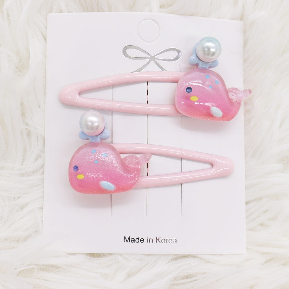 2Pcs Pink Whale And Pearl Hairpin Girl Hair Clip Cartoon Headband Hairpins