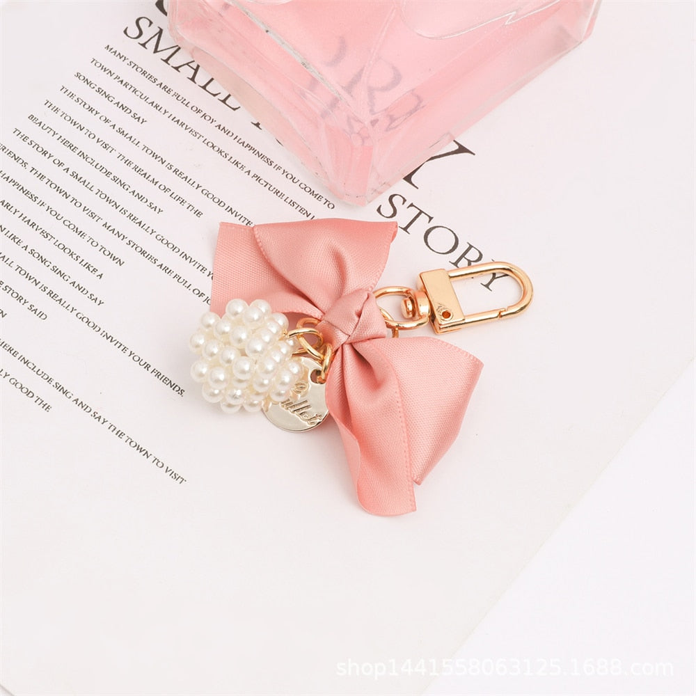 Pink Bow Keychain Fashion Geometry Pearl Flower Keyring For Women Handbag