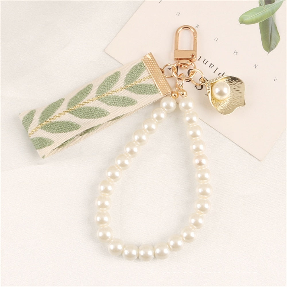 4 Styles Fresh Leaf Stripe Key Ring  Embroidery Alloy Pearl Pendant Heart Charm