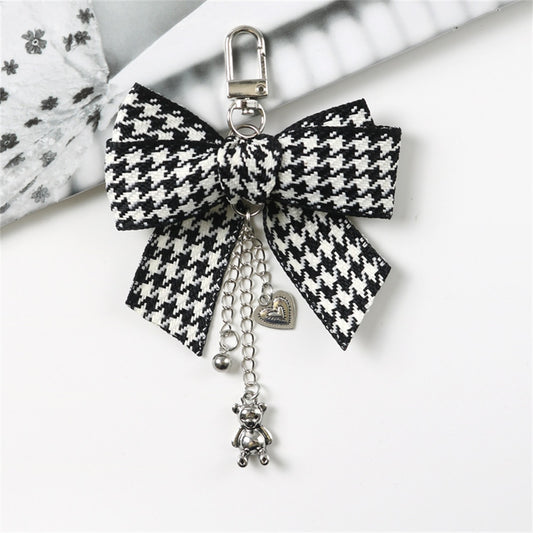 Bear Pendant Black and White Plaid Bow Keychain Pendant Keyring Car Key Holder