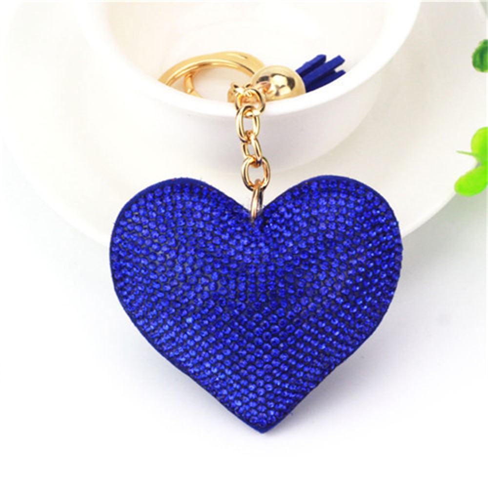 Royal Blue Heart Full Rhinestone Keychain PU Leather Tassel Keyring for Women