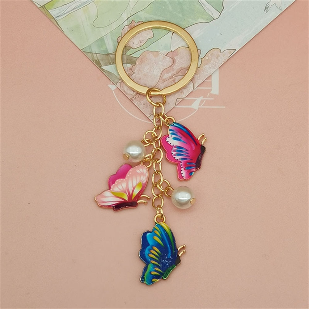 Pink Blue Simulation Butterfly Pearl Key Chain Painted Butterfly Pendant Keyring