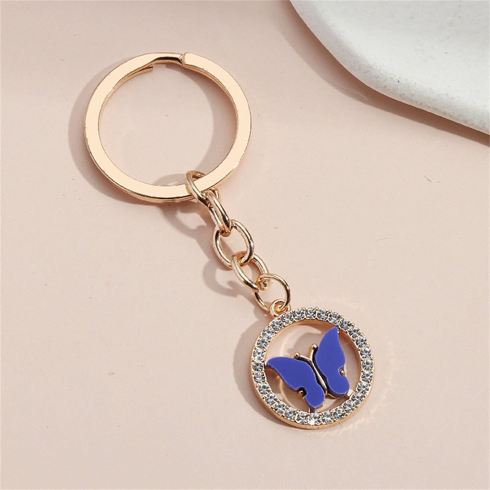 Blue Halo Metal Butterfly Keychains Women Handbag Charms Exquisite Keyring For