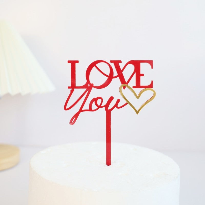 Red Love You Sign Gold Heart Cake Topper Party Wedding Cake Toppers Cake