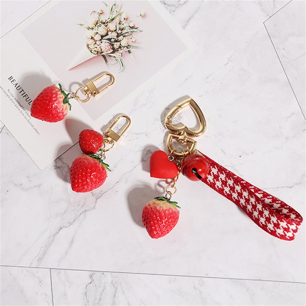 5 Styles Strawberry Pendant Keychain Keyring Bow Bell Heart Bag Ornaments