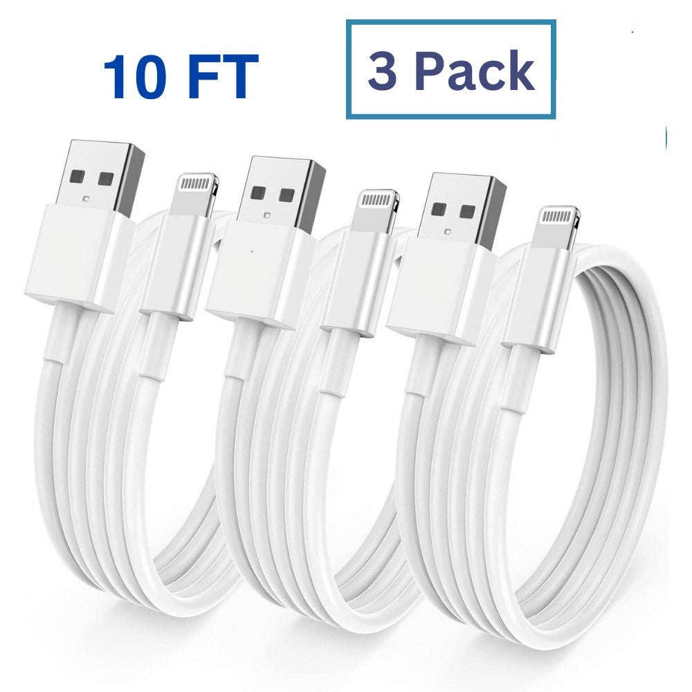 3-PACK Long 10FT Charger for iPhone 5 6 7 8 X XS XR 11 12 13 14 Sync Cable Cord