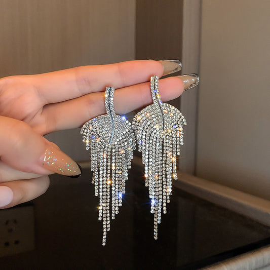 Silver Needle Diamond Leaf Tassel Earrings Fashion