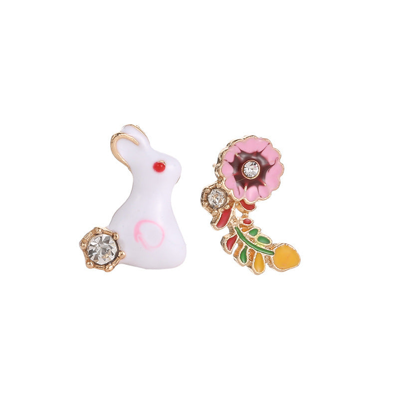 Rabbit and Flower Stud Earrings Fashion Women Female Earrings Piercing Jewelry