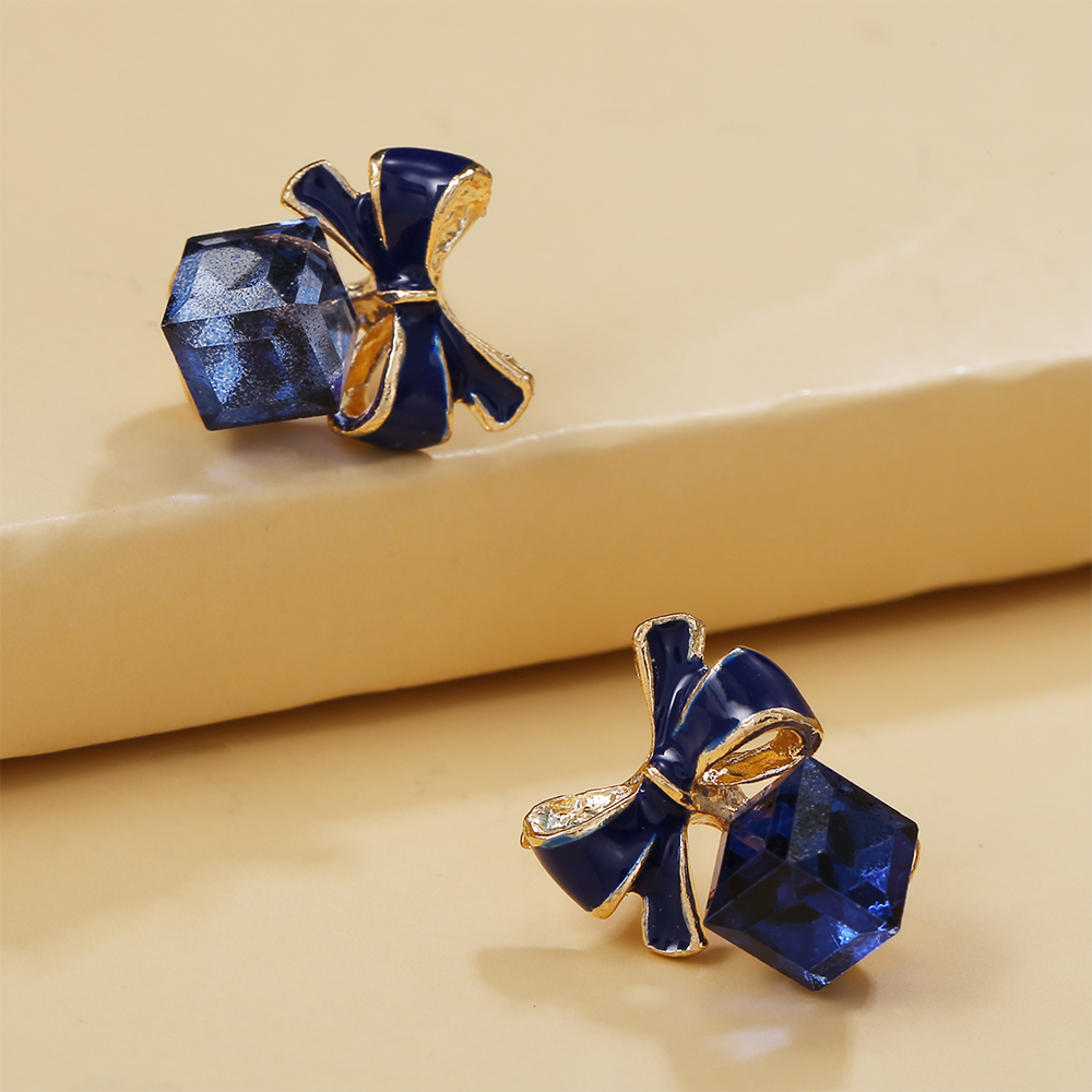 Navy Blue Bow Stud Earrings Women Fashionable Luxurious Earrings Jewelry