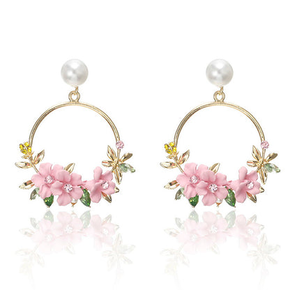 Trendy Cute Pink Flower Earrings For Women Girls Jewelry Female Rhinestone Gold Metal Round Circle Earrings Gift