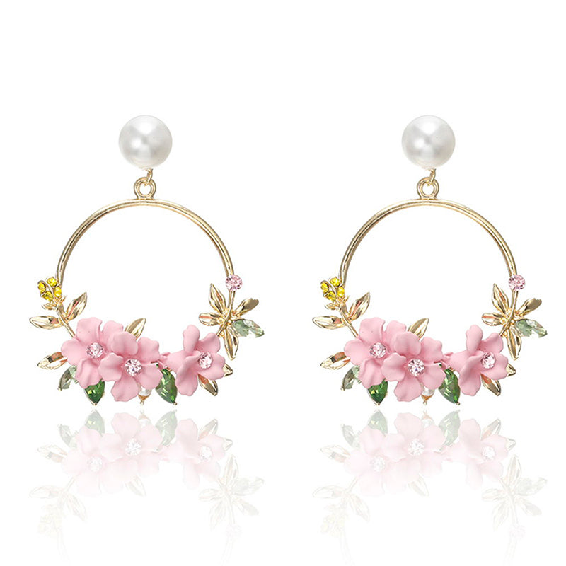 Trendy Cute Pink Flower Earrings For Women Girls Jewelry Female Rhinestone Gold Metal Round Circle Earrings Gift